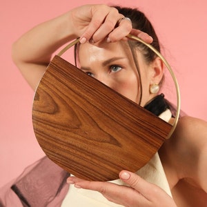 Handcrafted Wooden Halo Clutch with Brass Handle Modern Semi-Circle Crossbody Bag Unique Evening Clutch Purse Perfect Gift for Her image 1