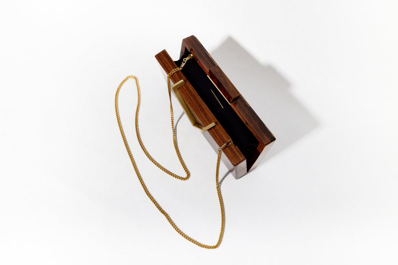 Classic V Wooden Clutch with Chain Elegant Clutch with Brass Detailing Versatile Evening Bag for Weddings & Galas Unique Gift for Her image 8