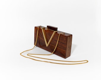 Classic V Wooden Clutch with Chain | Elegant Clutch with Brass Detailing | Versatile Evening Bag for Weddings & Galas | Unique Gift for Her