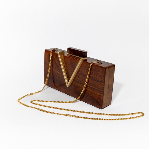 Classic V Wooden Clutch with Chain | Elegant Clutch with Brass Detailing | Versatile Evening Bag for Weddings & Galas | Unique Gift for Her