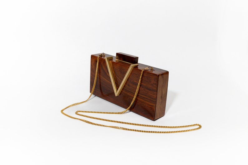 Classic V Wooden Clutch with Chain Elegant Clutch with Brass Detailing Versatile Evening Bag for Weddings & Galas Unique Gift for Her image 1