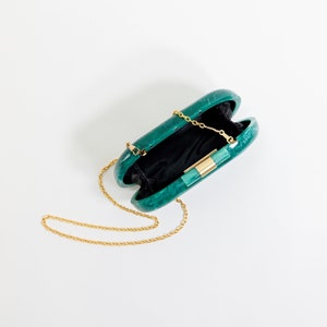 Ethereal Capsule Evening Clutch Emerald Green Modern Acrylic Clutch with Brass Details for Weddings & Events Elegant Gift for Her image 5