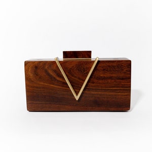 Classic V Wooden Clutch with Chain Elegant Clutch with Brass Detailing Versatile Evening Bag for Weddings & Galas Unique Gift for Her image 2