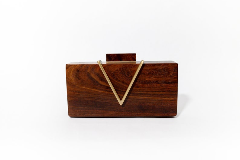 Classic V Wooden Clutch with Chain Elegant Clutch with Brass Detailing Versatile Evening Bag for Weddings & Galas Unique Gift for Her image 2