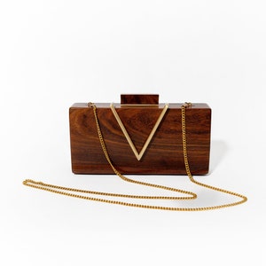 Classic V Wooden Clutch with Chain Elegant Clutch with Brass Detailing Versatile Evening Bag for Weddings & Galas Unique Gift for Her image 5