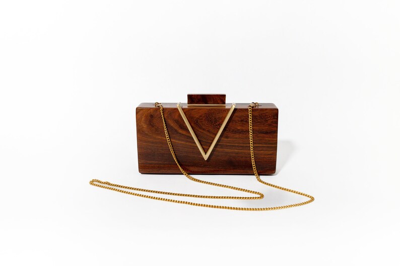 Classic V Wooden Clutch with Chain Elegant Clutch with Brass Detailing Versatile Evening Bag for Weddings & Galas Unique Gift for Her image 5