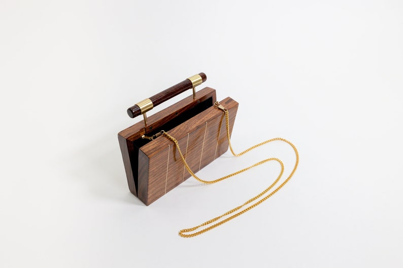 Brasswood Briefcase Evening Clutch Handcrafted Wooden Clutch with Brass Inlay Versatile Crossbody Bag Elegant Gift for Her image 2