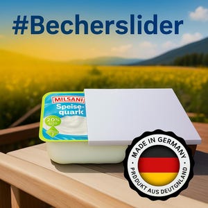 Op de afbeelding: Een bakje Milsani Speisequark met een wit deksel, op een houten oppervlak. De bak heeft een blauw en groen etiket met de tekst "20% GUSO". Een "Made in Germany" zegel is zichtbaar.