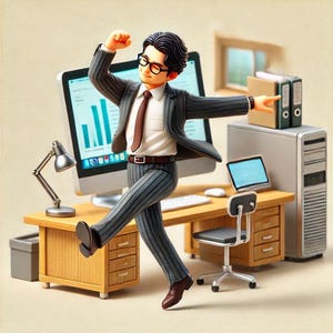 May include: A cartoon figure of a person wearing a grey suit and a red tie dances in front of a computer monitor. The person is in an office setting with a desk, chair, and computer tower.