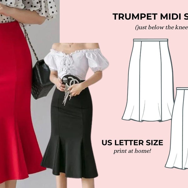 US SIZE 4 Trumpet Skirt Pattern, Skirt Sewing Pattern, Midi Skirt Pattern, Flare Skirt Pattern, Mermaid Skirt, Womens Skirt Pattern, Skirt