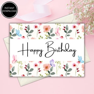 Cartão de aniversário para impressão com flores, cartão de aniversário floral, cartão de felicitações para impressão, impressão em casa, cartão de aniversário para ela, download instantâneo
