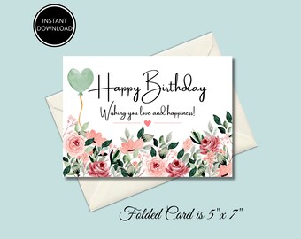 Watercolor Floral Birthday Card: Printable 5x7 Greeting (Instant Download)