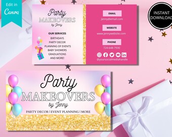 Editable Party Makeovers Business Card Template (Canva, Instant Download)