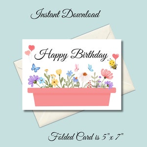Printable Birthday Card with Flowers, Instant Download Birthday Card, Watercolor Floral Birthday Card, 5x7 Digital Download Birthday Card