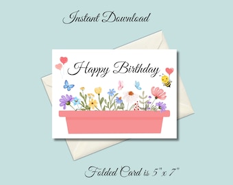 Watercolor Floral Birthday Card: Printable 5x7 Card (Digital Download)