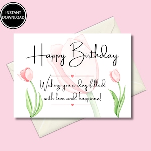 Printable Birthday Card with Flowers, Floral Birthday Card, Printable Greeting Card, Print at Home, Birthday Card For Her, Instant Download