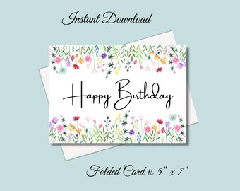 Watercolor Floral Birthday Card: Printable 5x7 Greeting (Instant Download)