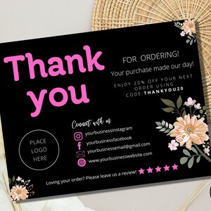 Business Thank You Card Editable, Floral Printable Thanks For Your Purchase Card, Small Business Package Insert Card, Customizable Canva
