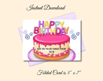Funny Birthday Cake Card: Sarcastic Birthday Wishes (PDF Printable)
