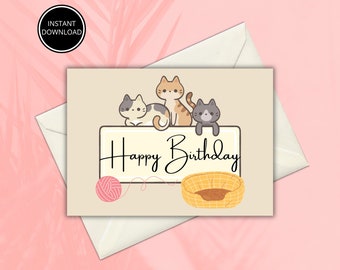 Cat Birthday Card, Kitty Greeting (Digital Download)