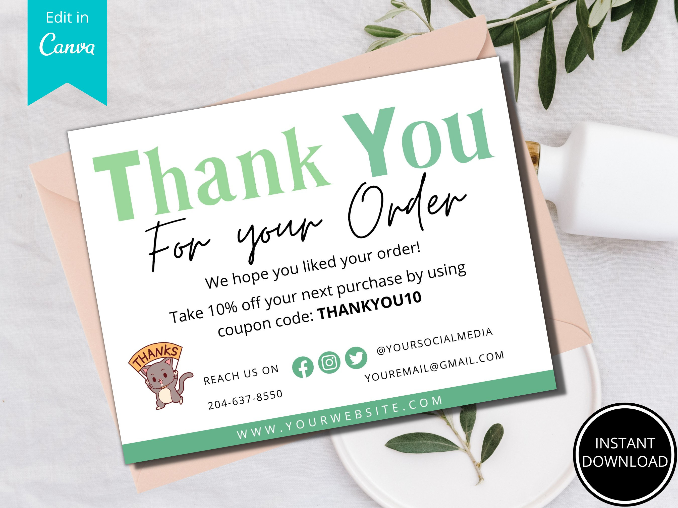 Green Business Thank You Insert Card: Modern Template (editable in ...