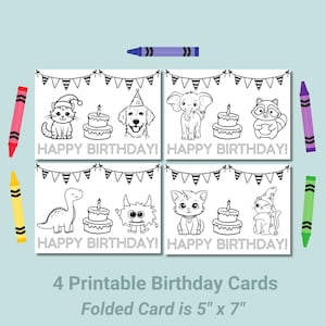 PRINTABLE Happy Birthday Coloring Card, Cake Birthday Card, Birthday Card for Kids, Birthday Color Your Own Card, DIY Print & Color, Cat Dog