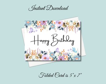 Floral Happy Birthday Card: Printable Watercolor Design (Digital Download)