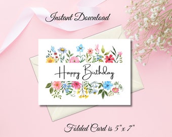 Watercolor Floral Birthday Card: Printable 5x7 Greeting (Instant Download)