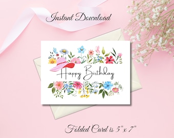Watercolor Floral Birthday Card: Printable 5x7 Greeting (Instant Download)