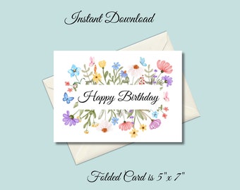Watercolor Floral Birthday Card: Printable 5x7 Greeting Card (PDF)