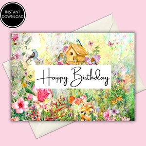 Carte d’anniversaire imprimable avec fleurs, carte d’anniversaire florale, téléchargement instantané, carte de vœux imprimable, impression à la maison