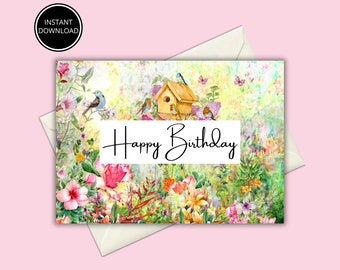 Printable Birthday Card With Flowers, Floral Birthday Card, Printable Greeting Card, Print at ...