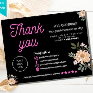 Business Thank You Card Editable, Floral Printable Thanks for Your Purchase Card, Small Business Package Insert Card, Customizable Canva