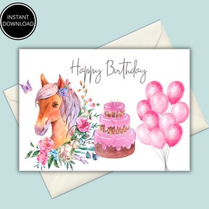 Printable Birthday Card with Flowers, Pink Birthday Card, Instant Download, Printable Greeting Card, Print at Home, 7x5 inch Birthday Card