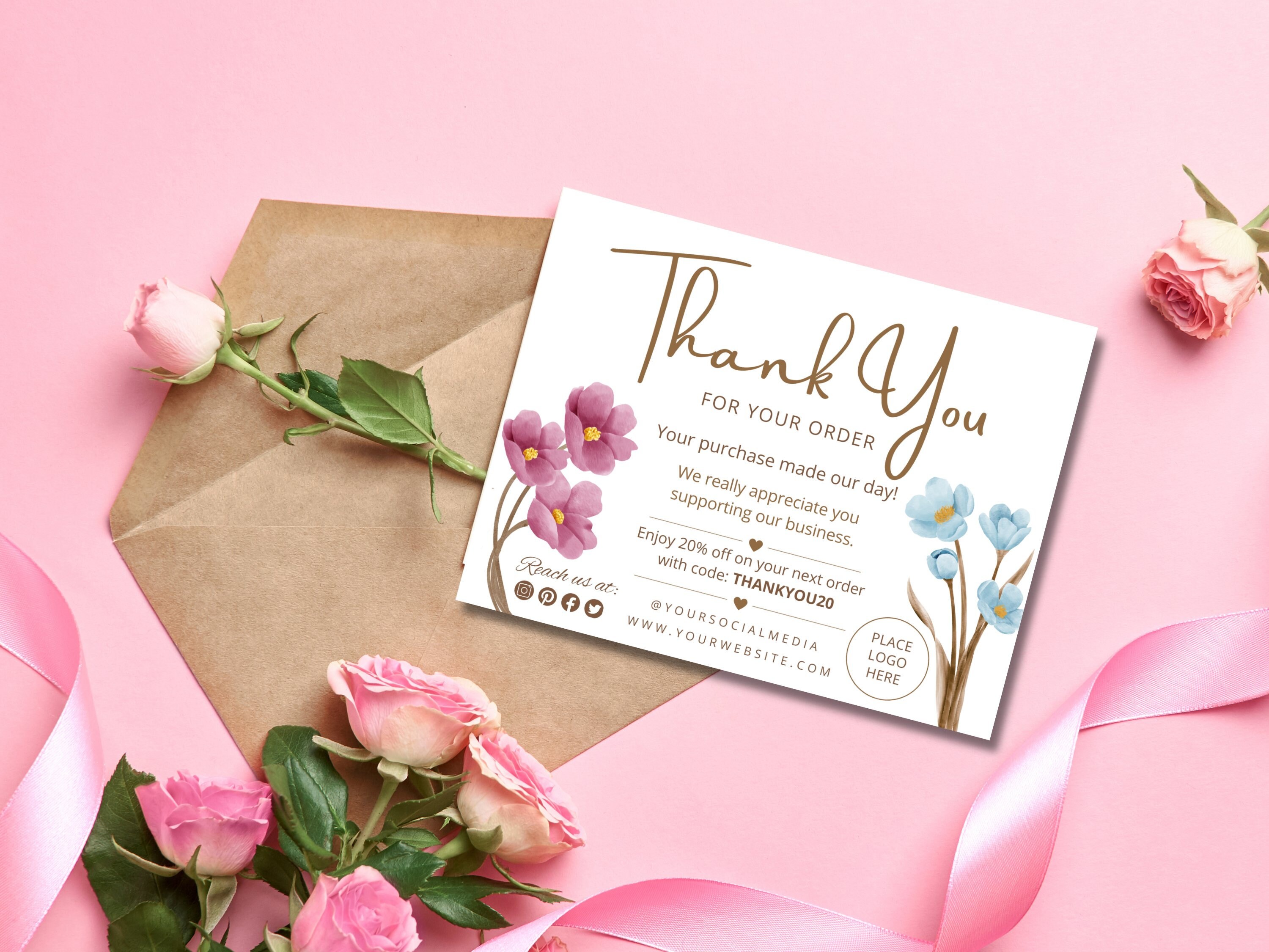 Floral Thank You Card Template: Editable Business Insert (canva) - Etsy ...