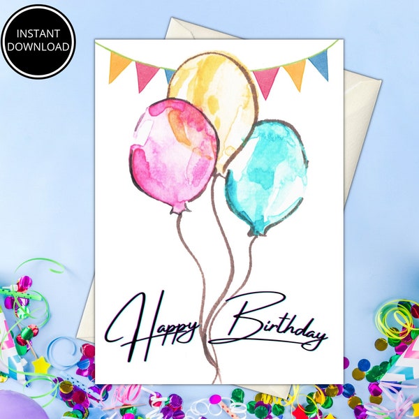 Printable Birthday Card with Balloons, Instant Download Birthday Card, 5x7 Digital Birthday Card, Birthday Card to Download, Print at Home