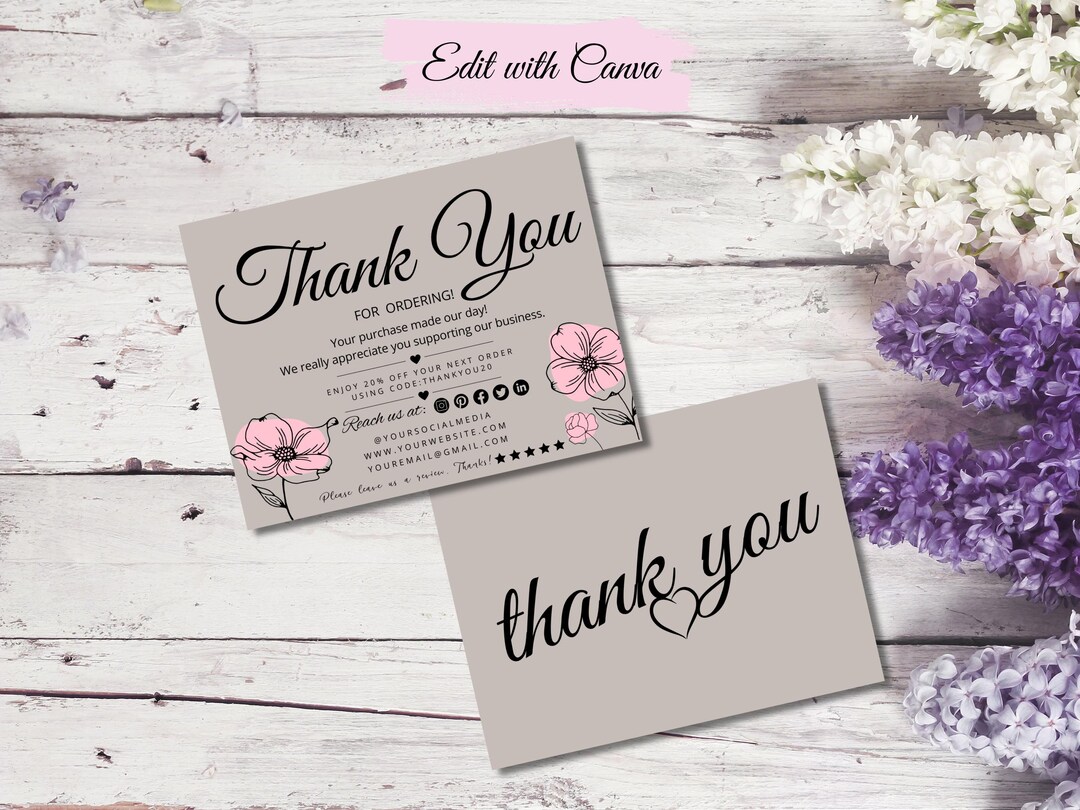Floral Thank You Card Template: Editable Business Insert (canva) - Etsy
