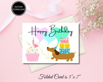 Dog Birthday Card: Balloons & Cupcake Printable (5x7 inch, PDF Download)