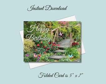 Floral Happy Birthday Card: Garden Scene, 5x7 Printable (Digital Download)
