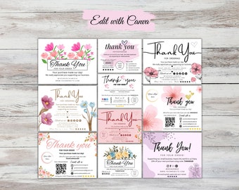 May include: A set of 12 printable thank you cards featuring floral designs in pink, blue, and yellow. The cards include the text "Thank You" and "For Your Order".