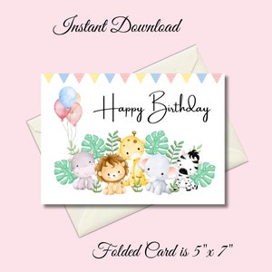 Cartão de aniversário de animal safari para impressão, para filho, filha, neto, sobrinha, sobrinho, aniversário de criança, download digital, imprimir em casa