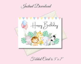 Printable Safari Animal Birthday Card: Kids Birthday (Digital Download)