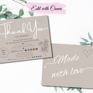 Puede incluir: Dos tarjetas beige con texto blanco e ilustraciones florales. Una tarjeta dice "Thank You" con texto adicional, incluyendo "FOR ORDERING!" y nombres de redes sociales. La otra tarjeta dice "Made with love."