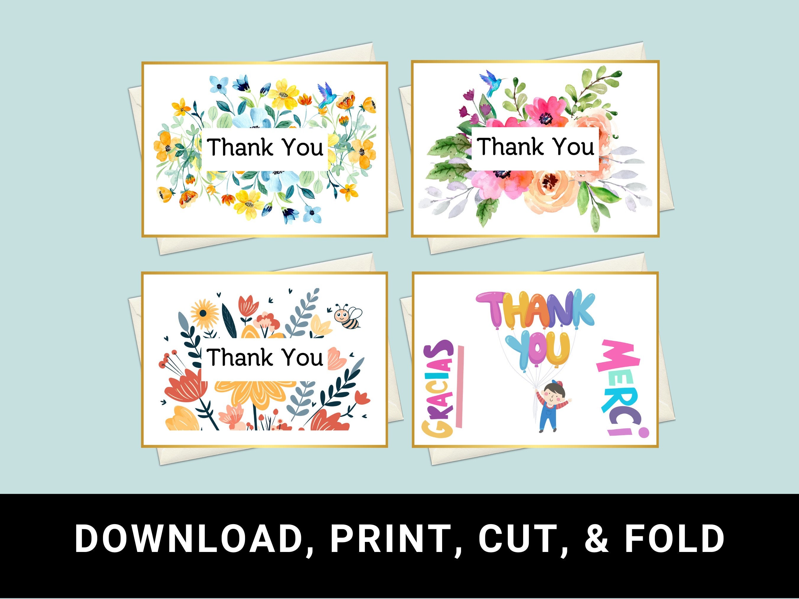 Floral Thank You Cards: Printable Gratitude Card Bundle (digital ...
