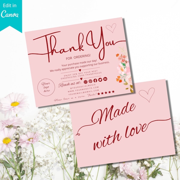 Editable Small Business Thank You Card Template, Printable Thanks For Your Purchase Card, Package Insert, Canva Template, Appreciation Note