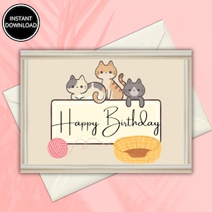 猫の印刷可能な誕生日カード、かわいい子猫のグリーティングカード、即時ダウンロード、デジタル猫の誕生日カード、猫好きのための誕生日カード