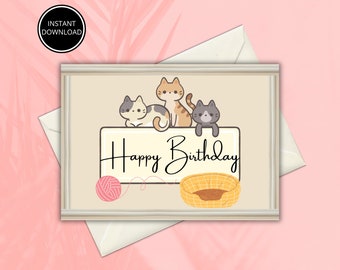 Cute Cat Birthday Card, Printable Kitty Greeting (Digital Download)