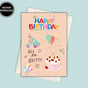 Printable Birthday Card with Cake, Instant Download Greeting Card, 5x7 Inch Cards for Birthday, Birthday Card to Download, Print at Home