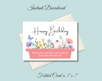Floral Happy Birthday Card: Printable Butterfly Design (Digital Download)