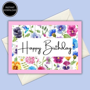 Printable Birthday Card with Flowers, Floral Birthday Card, Instant Download, Printable Greeting Card, Print at Home